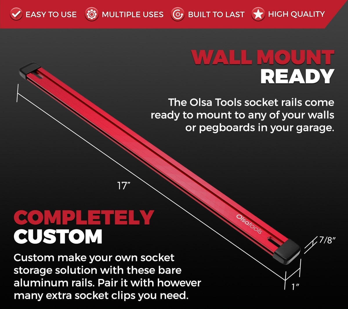 Customizable Aluminum Socket Rail 17" with Rubber Endcaps for Tool Storage