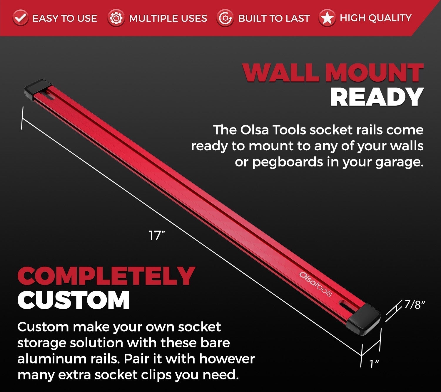 Customizable Aluminum Socket Rail 17" with Rubber Endcaps for Tool Storage