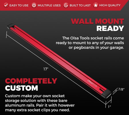 Customizable Aluminum Socket Rail 17" with Rubber Endcaps for Tool Storage
